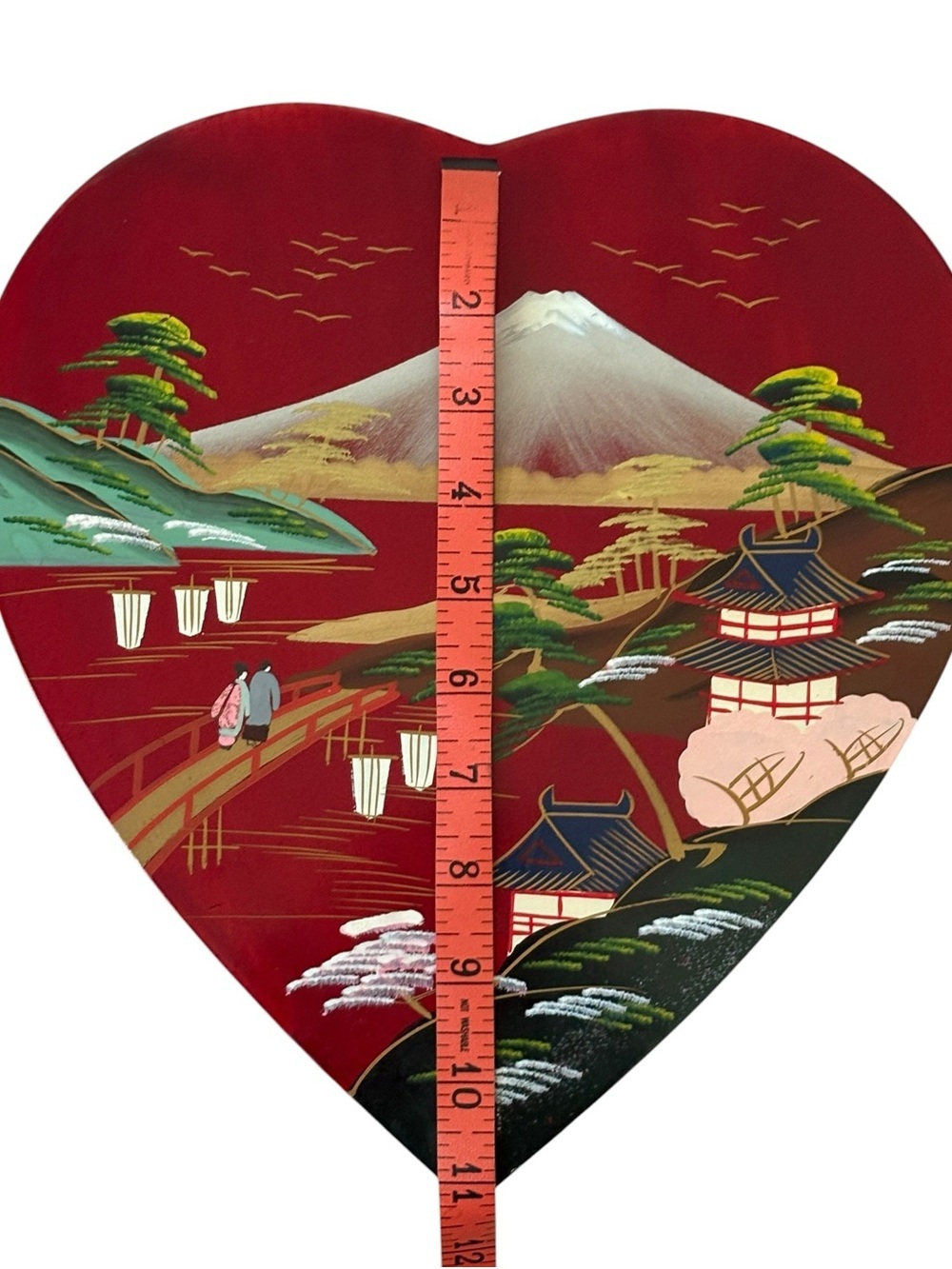 Vintage Japanese Lacquerware Trinket Mount Fuji Heart Shaped Box 50s 60s - Picture 4 of 10